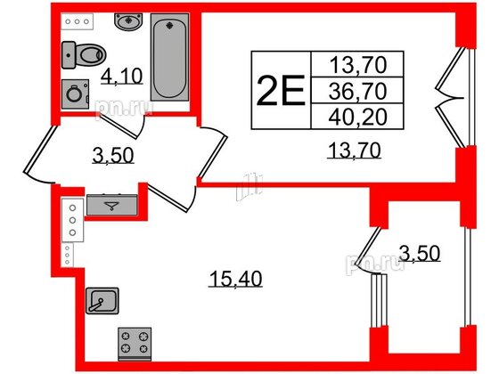 Квартира в ЖК Дубровский, 1 комнатная, 40.2 м², 2 этаж