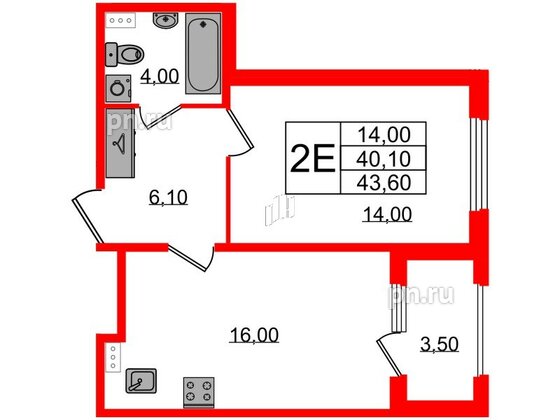 Квартира в ЖК Дубровский, 1 комнатная, 43.6 м², 1 этаж