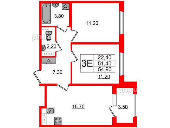 Квартира в ЖК Дубровский, 2 комнатная, 54.9 м², 2 этаж