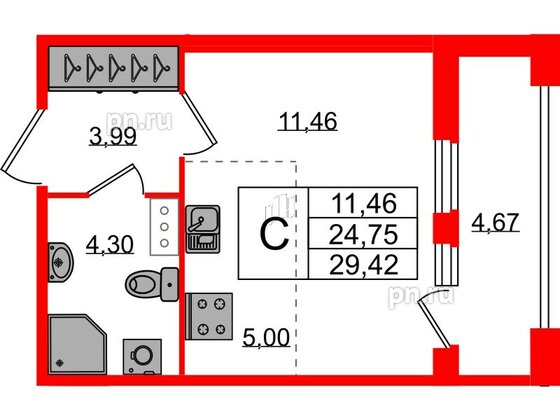 Квартира в ЖК Квартал Б15, студия, 24.75 м², 3 этаж