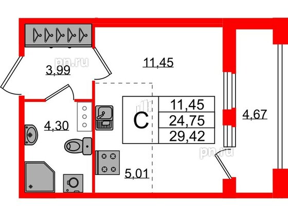 Квартира в ЖК Квартал Б15, студия, 24.75 м², 4 этаж