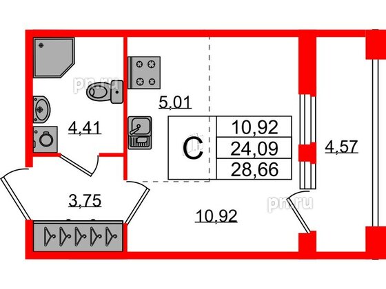 Квартира в ЖК Квартал Б15, студия, 24.09 м², 2 этаж