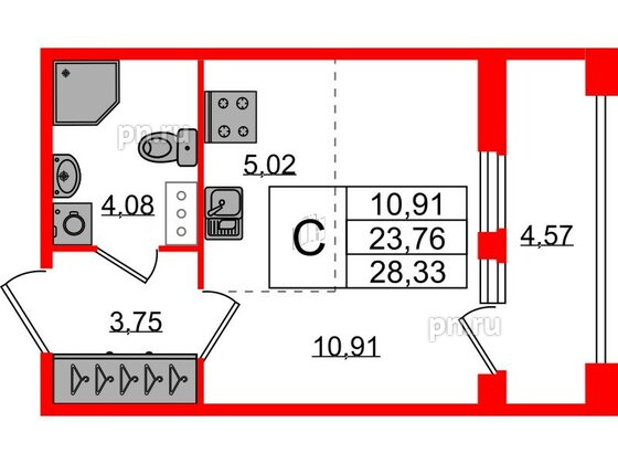 Квартира в ЖК Квартал Б15, студия, 23.76 м², 5 этаж