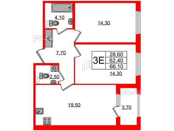 Квартира в ЖК Дубровский, 2 комнатная, 66.1 м², 1 этаж