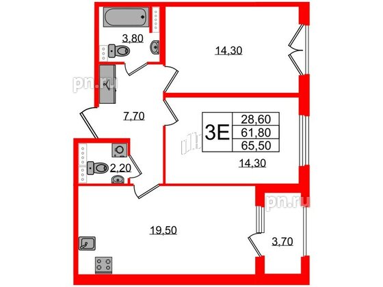 Квартира в ЖК Дубровский, 2 комнатная, 65.5 м², 2 этаж