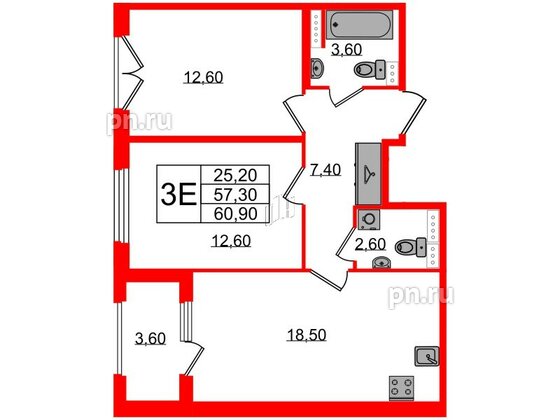 Квартира в ЖК Дубровский, 2 комнатная, 60.9 м², 2 этаж