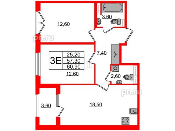 Квартира в ЖК Дубровский, 2 комнатная, 60.9 м², 3 этаж