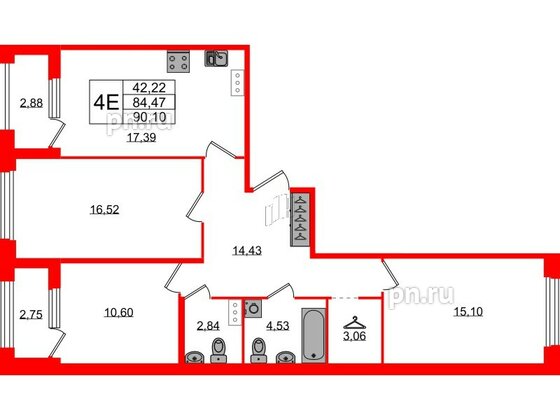 Квартира в ЖК Квартал Б15, 3 комнатная, 84.47 м², 4 этаж