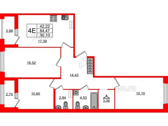 Квартира в ЖК Квартал Б15, 3 комнатная, 84.47 м², 6 этаж