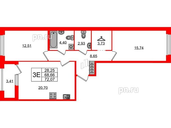 Квартира в ЖК Квартал Б15, 2 комнатная, 68.66 м², 2 этаж