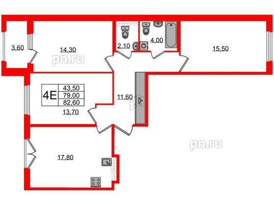 Квартира в ЖК Дубровский, 3 комнатная, 82.6 м², 2 этаж