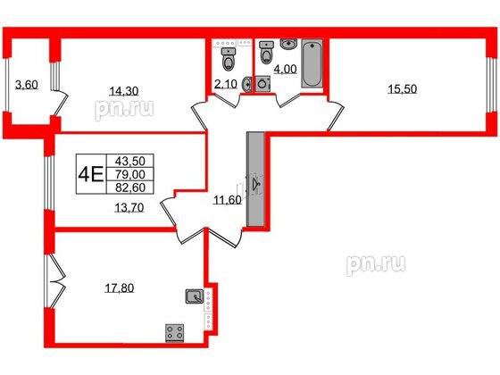 Квартира в ЖК Дубровский, 3 комнатная, 82.6 м², 4 этаж