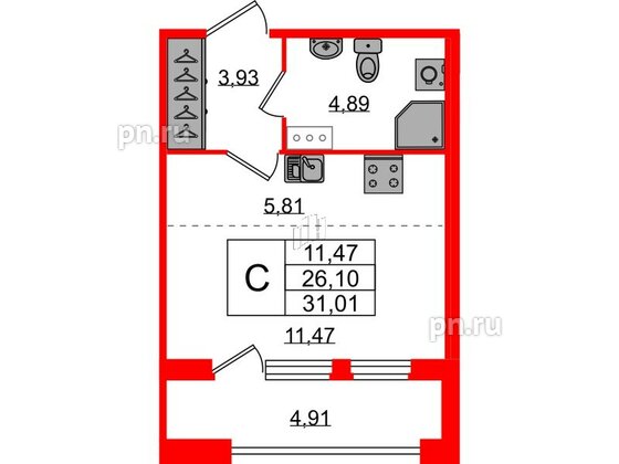 Квартира в ЖК Квартал Б15, студия, 26.1 м², 4 этаж