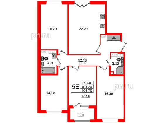 Квартира в ЖК Дубровский, 4 комнатная, 104.7 м², 3 этаж