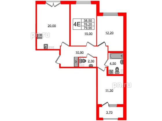 Квартира в ЖК Дубровский, 3 комнатная, 79.9 м², 2 этаж