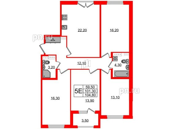 Квартира в ЖК Дубровский, 4 комнатная, 104.8 м², 4 этаж