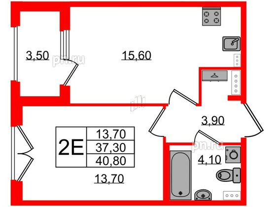 Квартира в ЖК Дубровский, 1 комнатная, 40.8 м², 3 этаж