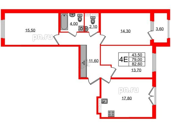 Квартира в ЖК Дубровский, 3 комнатная, 82.6 м², 3 этаж