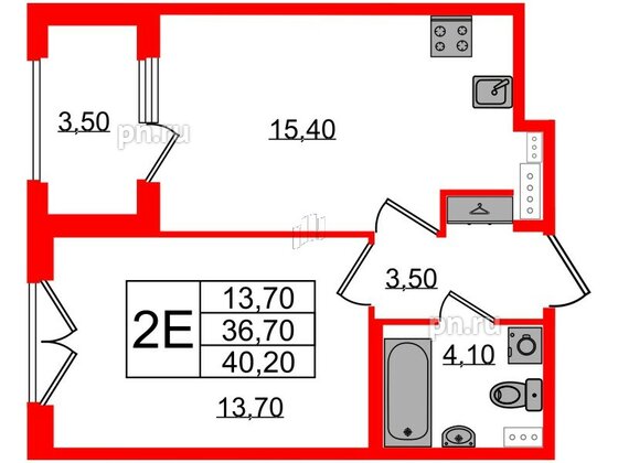 Квартира в ЖК Дубровский, 1 комнатная, 40.2 м², 3 этаж