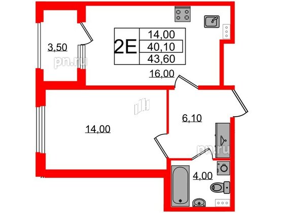 Квартира в ЖК Дубровский, 1 комнатная, 43.6 м², 1 этаж