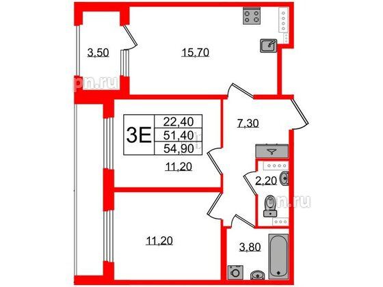 Квартира в ЖК Дубровский, 2 комнатная, 54.9 м², 2 этаж