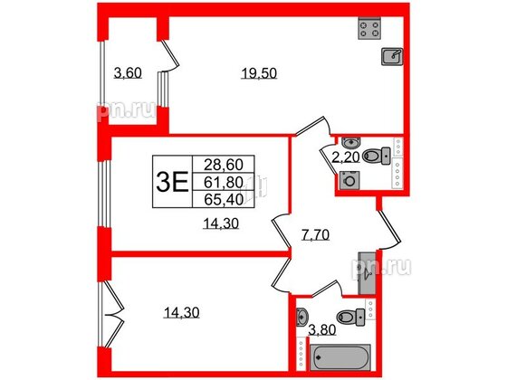 Квартира в ЖК Дубровский, 2 комнатная, 65.4 м², 2 этаж