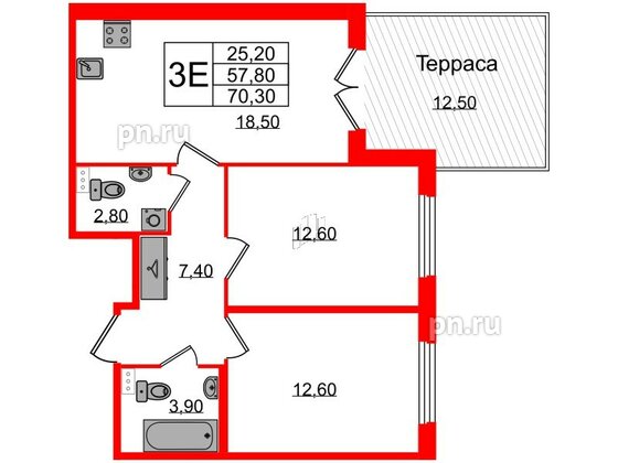 Квартира в ЖК Дубровский, 2 комнатная, 70.3 м², 1 этаж