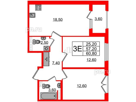 Квартира в ЖК Дубровский, 2 комнатная, 60.8 м², 3 этаж