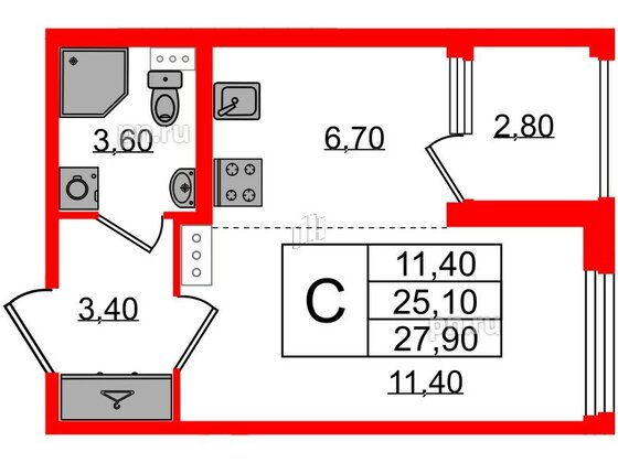 Квартира в ЖК Дубровский, студия, 27.9 м², 3 этаж