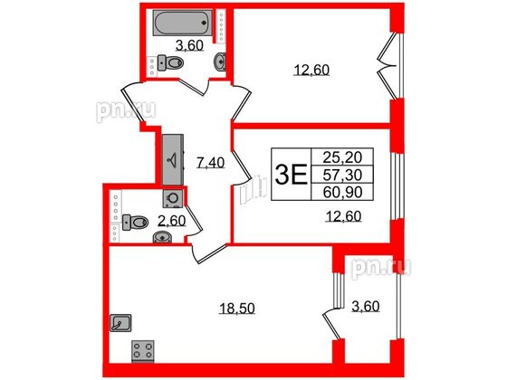 Квартира в ЖК Дубровский, 2 комнатная, 60.9 м², 2 этаж