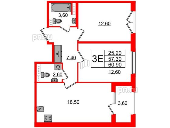 Квартира в ЖК Дубровский, 2 комнатная, 60.9 м², 4 этаж