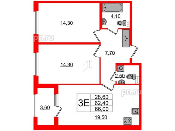 Квартира в ЖК Дубровский, 2 комнатная, 66 м², 1 этаж