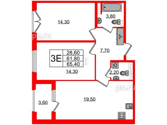 Квартира в ЖК Дубровский, 2 комнатная, 65.4 м², 2 этаж