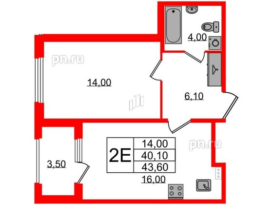 Квартира в ЖК Дубровский, 1 комнатная, 43.6 м², 1 этаж