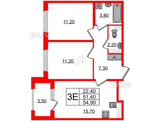 Квартира в ЖК Дубровский, 2 комнатная, 54.9 м², 2 этаж