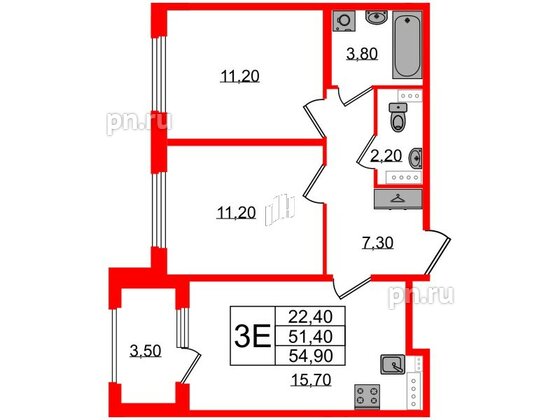 Квартира в ЖК Дубровский, 2 комнатная, 54.9 м², 3 этаж