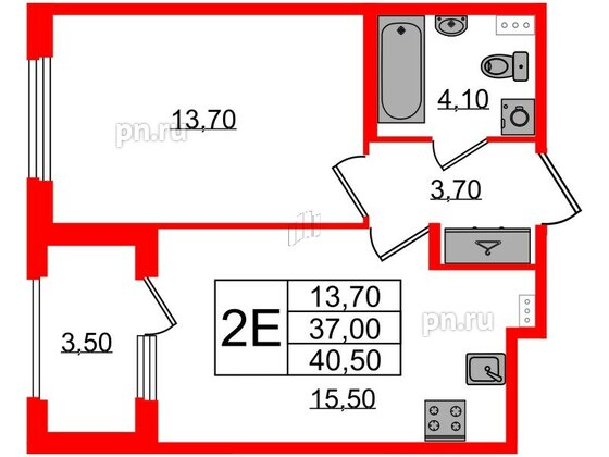 Квартира в ЖК Дубровский, 1 комнатная, 40.5 м², 1 этаж