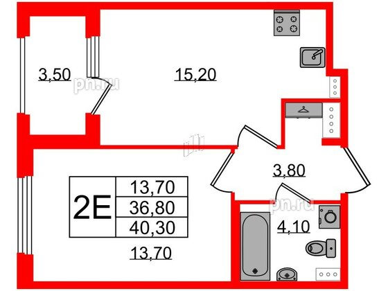 Квартира в ЖК Дубровский, 1 комнатная, 40.3 м², 4 этаж