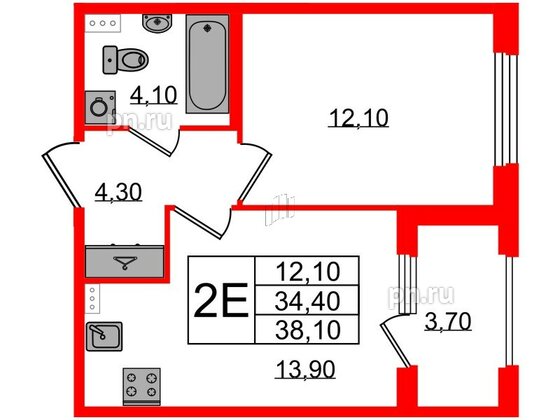 Квартира в ЖК Дубровский, 1 комнатная, 38.1 м², 1 этаж