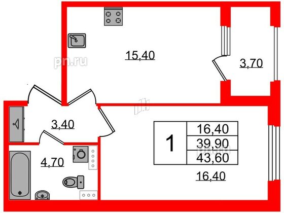 Квартира в ЖК Дубровский, 1 комнатная, 43.6 м², 2 этаж