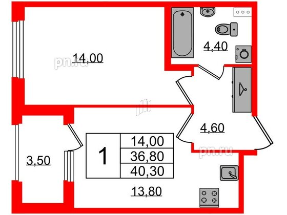 Квартира в ЖК Дубровский, 1 комнатная, 40.3 м², 1 этаж