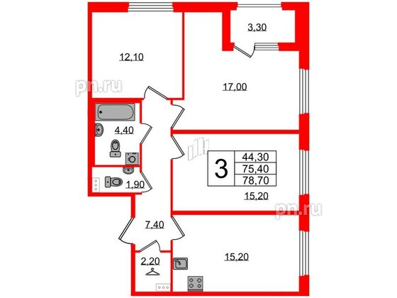 Квартира в ЖК Дубровский, 3 комнатная, 78.7 м², 1 этаж