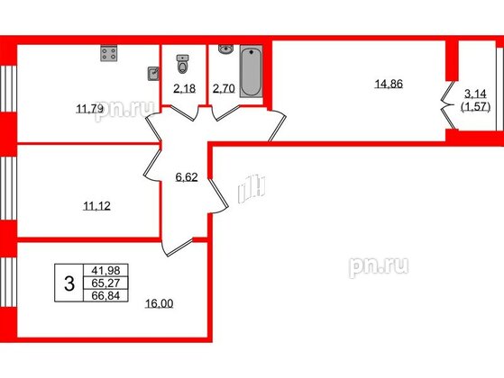 Квартира в ЖК Рождественский квартал, 3 комнатная, 66.84 м², 2 этаж