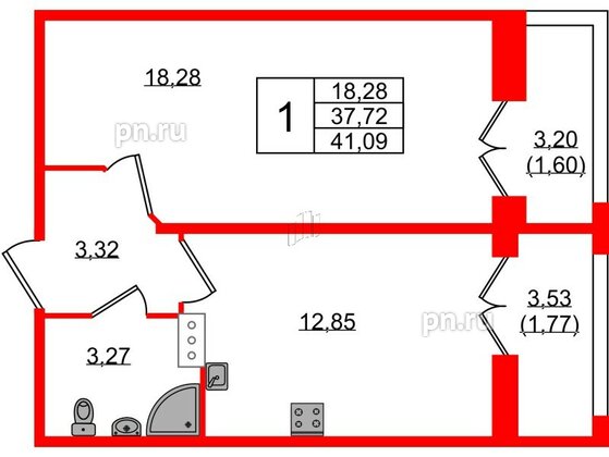 Квартира в ЖК «Рождественский квартал», 1 комнатная, 41.09 м², 5 этаж