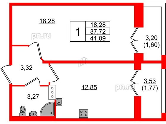 Квартира в ЖК «Рождественский квартал», 1 комнатная, 41.09 м², 7 этаж