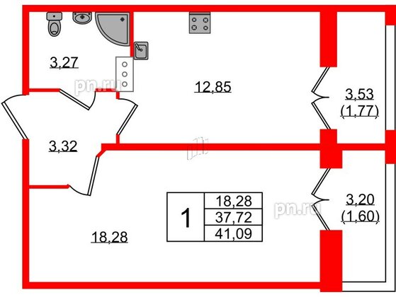 Квартира в ЖК «Рождественский квартал», 1 комнатная, 41.09 м², 6 этаж
