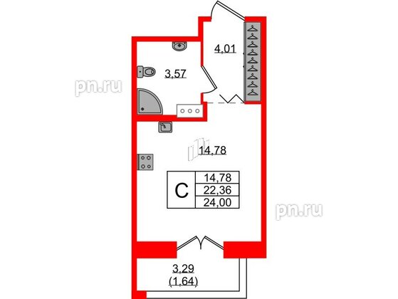 Квартира в ЖК Рождественский квартал, студия, 24 м², 3 этаж