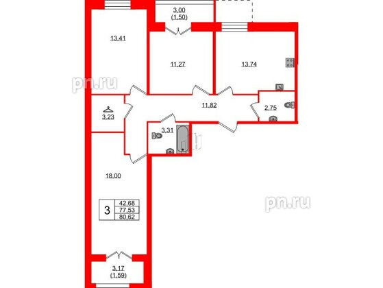 Квартира в ЖК Рождественский квартал, 3 комнатная, 80.62 м², 2 этаж