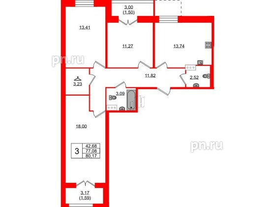 Квартира в ЖК Рождественский квартал, 3 комнатная, 80.17 м², 3 этаж