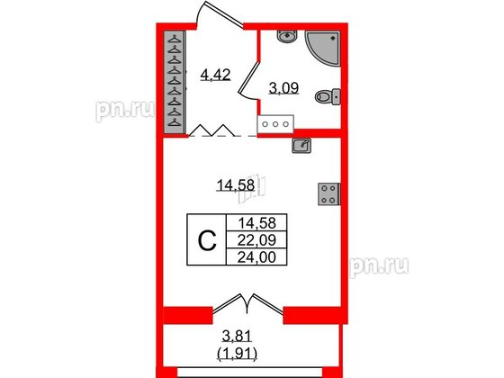 Квартира в ЖК Рождественский квартал, студия, 24 м², 2 этаж